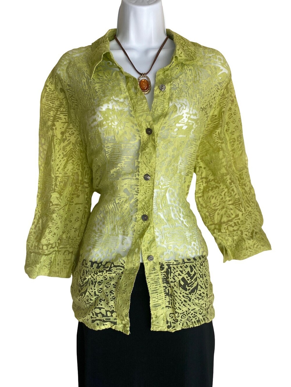 VTG White Stag Women's Size XL Lime Green Lace Button Up Blouse Tunic Coquette